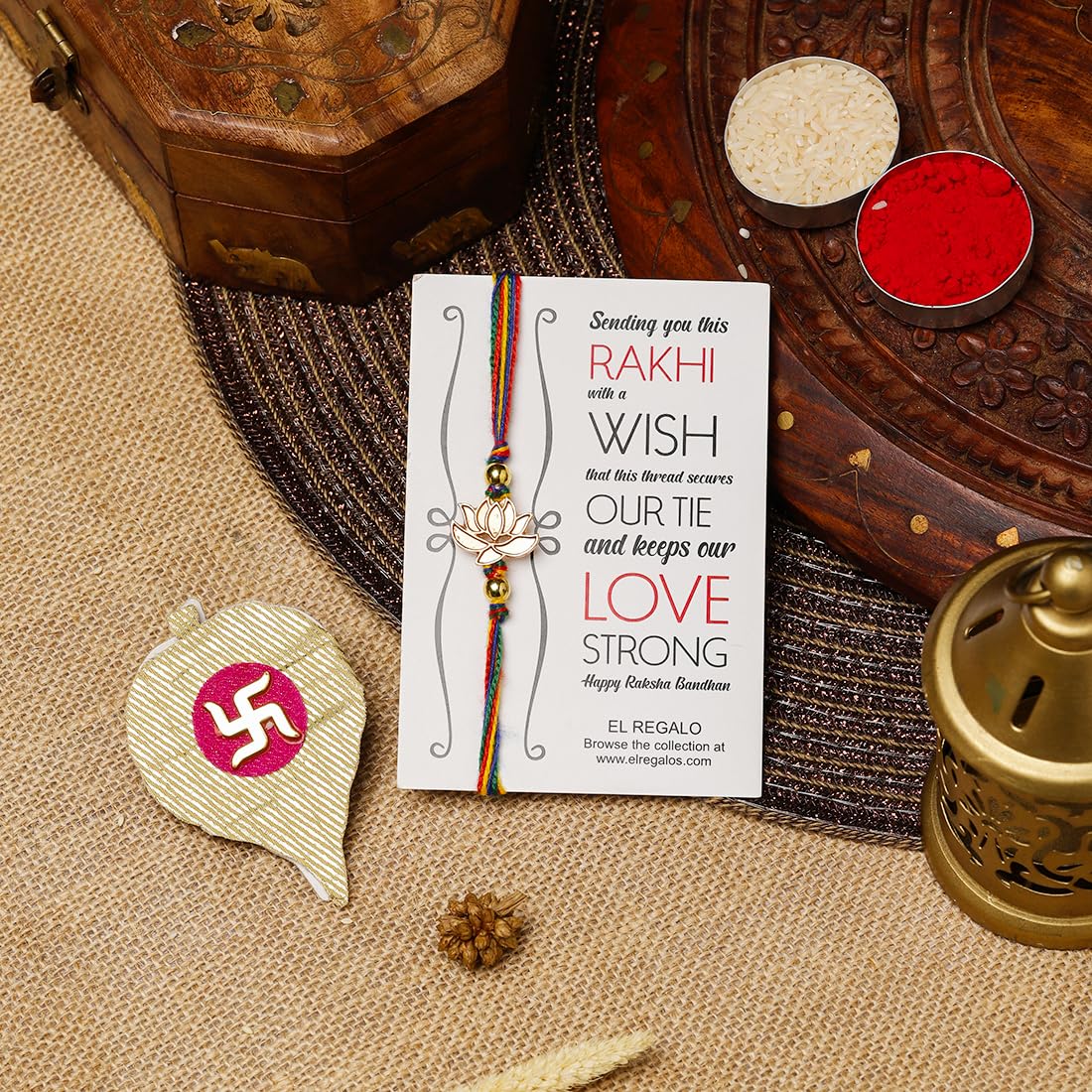 El Regalo 1PC Simple Lotus Flower Rakhi for Brother- Minimalist Lotus Thread Rakhi with Roli Chawal, Rakhi Message Card in Rakhi Gift Box (Option-6)