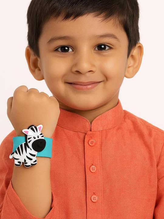 El Regalo Cute Slap Band Bracelet Rakhi for Kids Boys & Little Brother | Fun Quirky Silicone Slap Wristband Rakhi for Toddlers & Children with Roli Chawal Pack and Gift Box (Zebra)