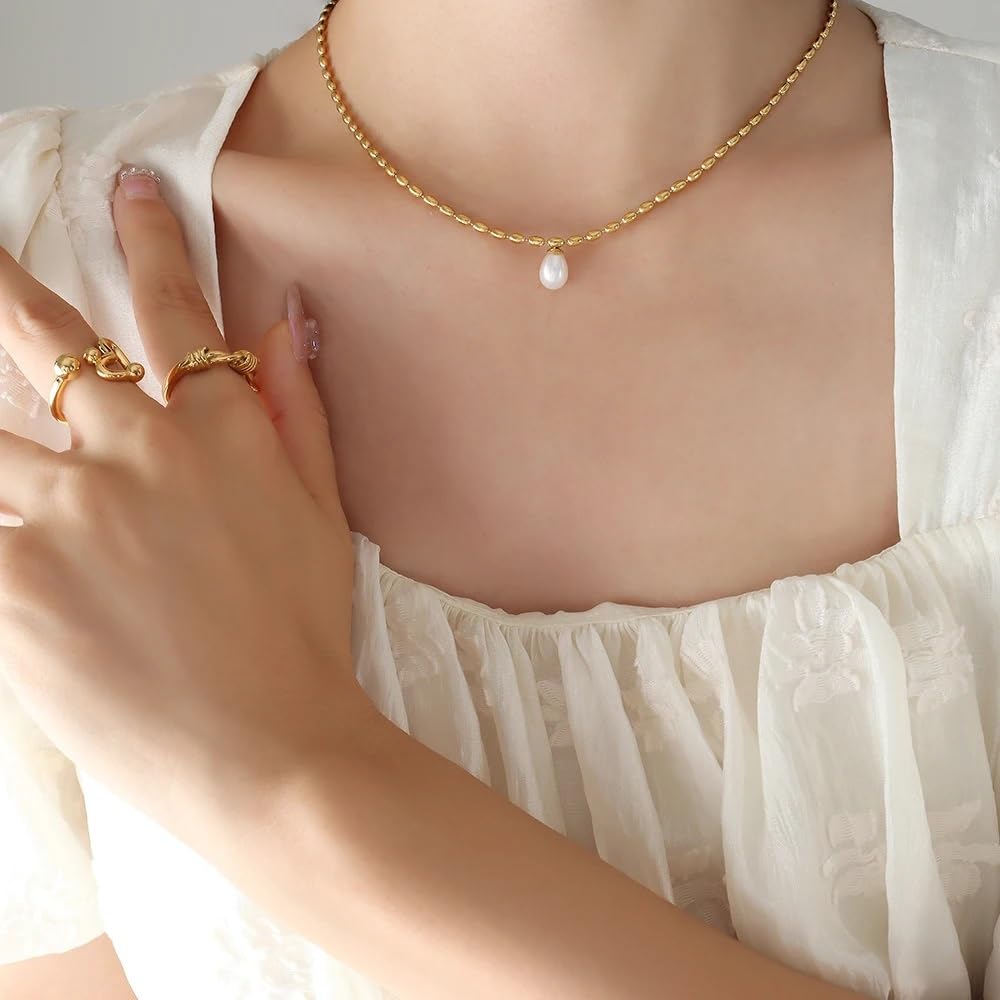 El Regalo Elegant Warterproof 18K Gold Plated Pearl Dainty Ball Bead Chain Necklace - Stainless Steel Anti-Tarnish Jewelry for Women, Girls (Ball Beads Drop Pearl Chain)