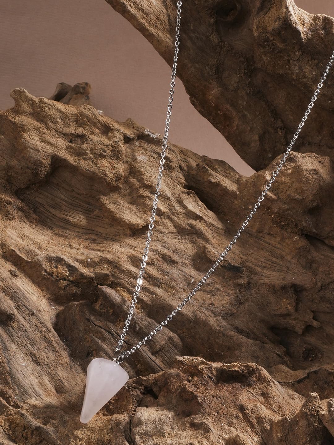 El Regalo 1PC Natural Stones Pointed Pendulum Unisex Pendant Necklace- Natural Healing Stones Peandant Chain Necklaces- Reiki healing/Feng shui (Pink Rose Quartz)