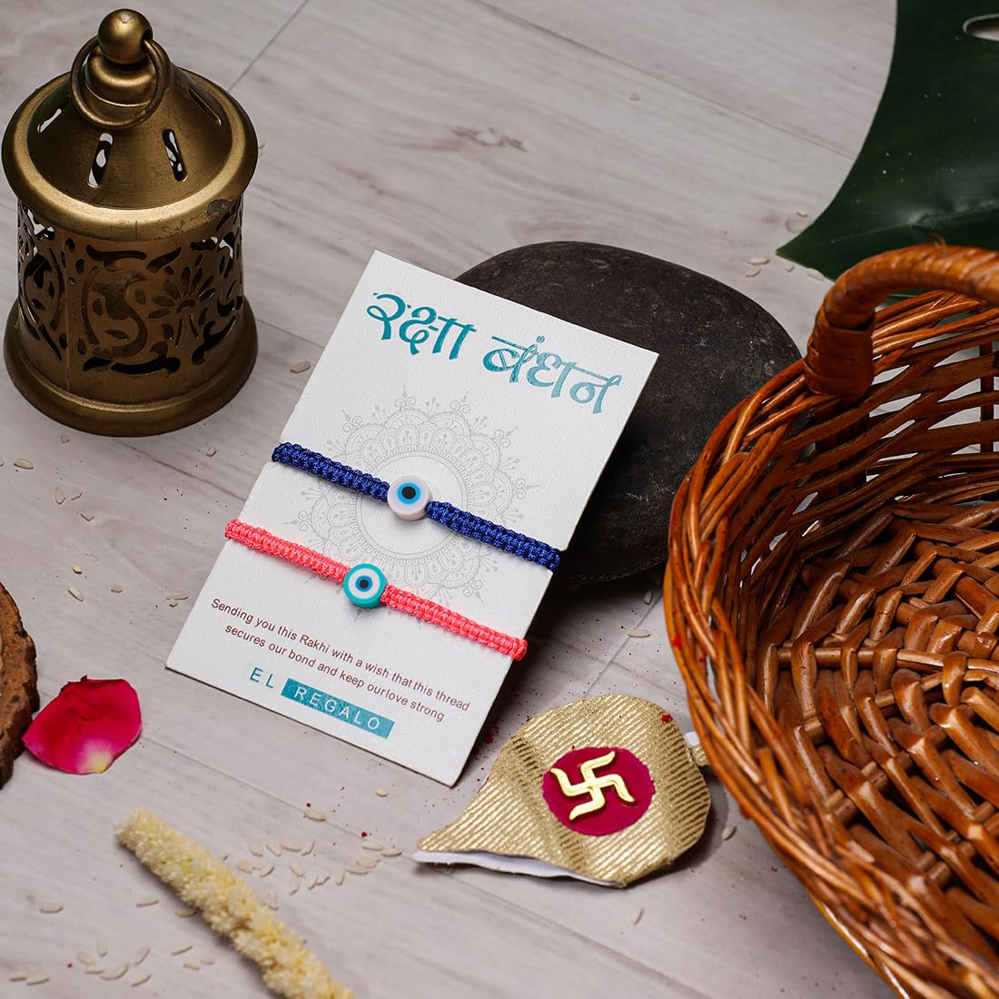 El Regalo 2PCs Rakhi Combo Set for Bhai-Bhabhi or Bhai-Bhatija/Bhatiji- 2 Evil Eye Rakhis Set with Roli Chanwal, Rakhi Card in Rakhi Gift Box (Option-5)
