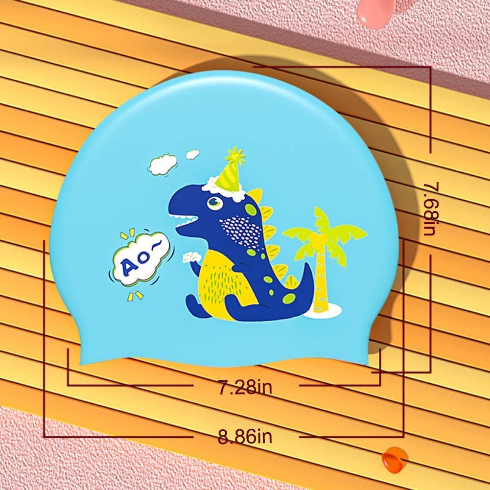 El Regalo 2 PCs Kids Swimming Caps Set- Silicone Swimming Hat for Girls Boys Waterproof Bathing Caps for Long & Short Hair with Unicorn, Astronaut, Heart, Fairy Mermaid (Dinosaur & Astronaut)