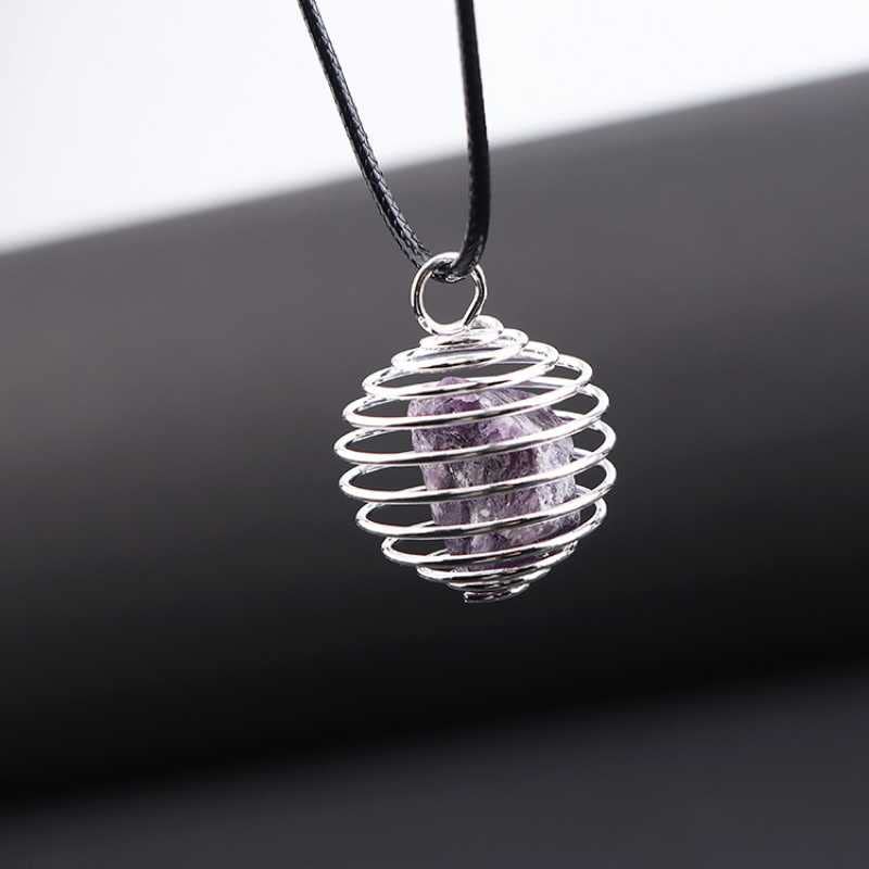 El Regalo 1 PC Healing Crystal Chakra Stone Necklace Gemstone Beads Round Iron Spiral Bead Cage Pendants Jewelry for Girls & Women (Amethyst)