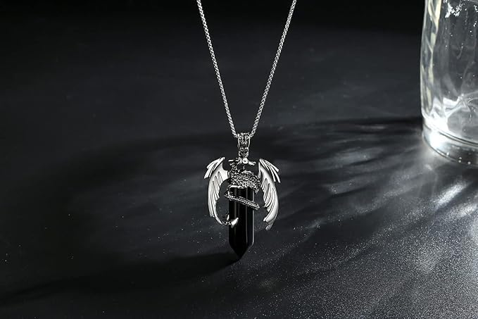 El Regalo Goth Gothic Viking Dragon Crystal Pendant Necklace for Men & Boys | Dragon Wing Necklace | Punk Biker Fantasy Statement Jewelry (Black)