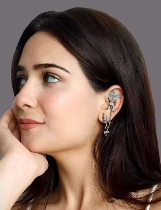 El Regalo Ethnic Oxidized Kite & Chkari Ear Cuffs - Handmade Silver Lookalike Ghunghru Earrings with Ear Clips for Women & Girls - Antique Brass Earrings with Chain Connection
