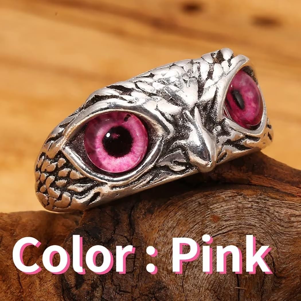 El Regalo Women Adjustable Eye Owl Ring- Retro Gothic Trendy Vintage Owl Band Finger Rings (Pink)