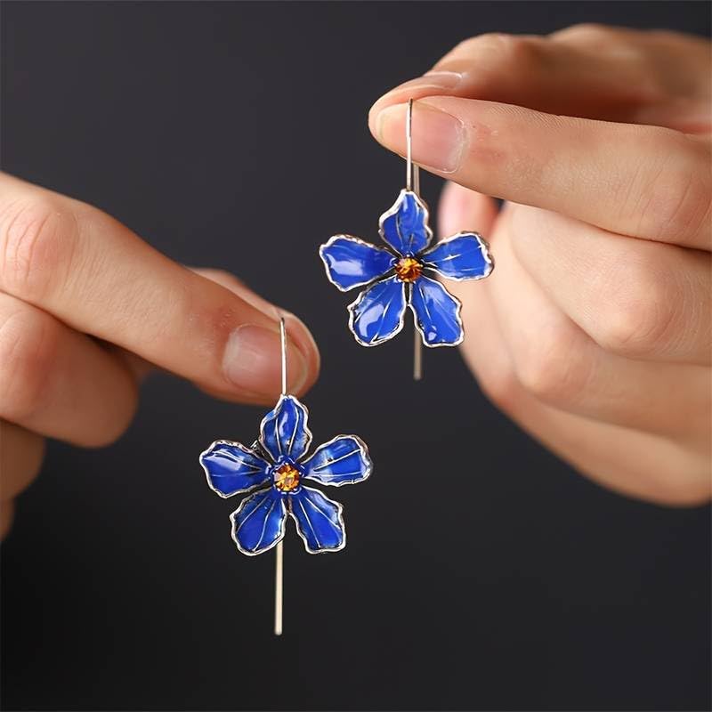 El Regalo Womens Vintage Bohemian Style Enamel Flower Earrings - Silver Tone, Trendy Long Hook Floral Earrings