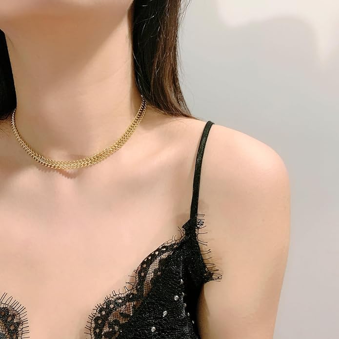 El Regalo Titanium Stainless Steel Flat Cuban Chain Link Braided Choker Chain Necklace for Women Teen- Gold Anti Tarnish Chunky Snake Choker Elegant Jewelry