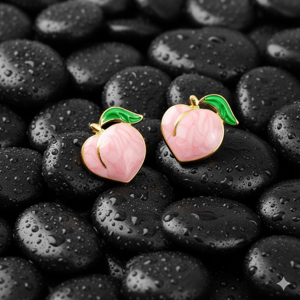 El Regalo Cute Gold Plated Stainless Steel Oil Drop Peach Stud Earrings for Girls & Women | Hypoallergenic Fruit Themed Fashion Earrings (Peach)