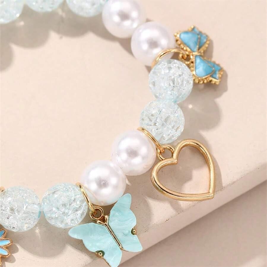 El Regalo 1PC Butterfly, Love Heart, Bow, Flower Charms Crystals Beads Bracelet for Girls - Fashion Bracelets for Girls/Women (Light Blue)