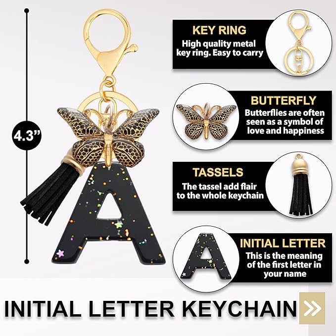 El Regalo Personalized Name Initials Butterfly Charm Keychain - Name Letter Keyring with Black & Golden Tassel & Butterfly Pendant, Purse, Bag, Backpack Accessory (A Letter)