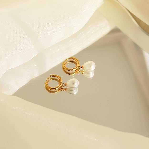 El Regalo Stainless Steel Pearl Drop Hoop Earrings for Women | Small Huggie Hoop Earrings with Pearl Pendant | Waterproof Anti Tarnish Modern Earrings for Girls | Minimalist Cute Jewelry (Gold)