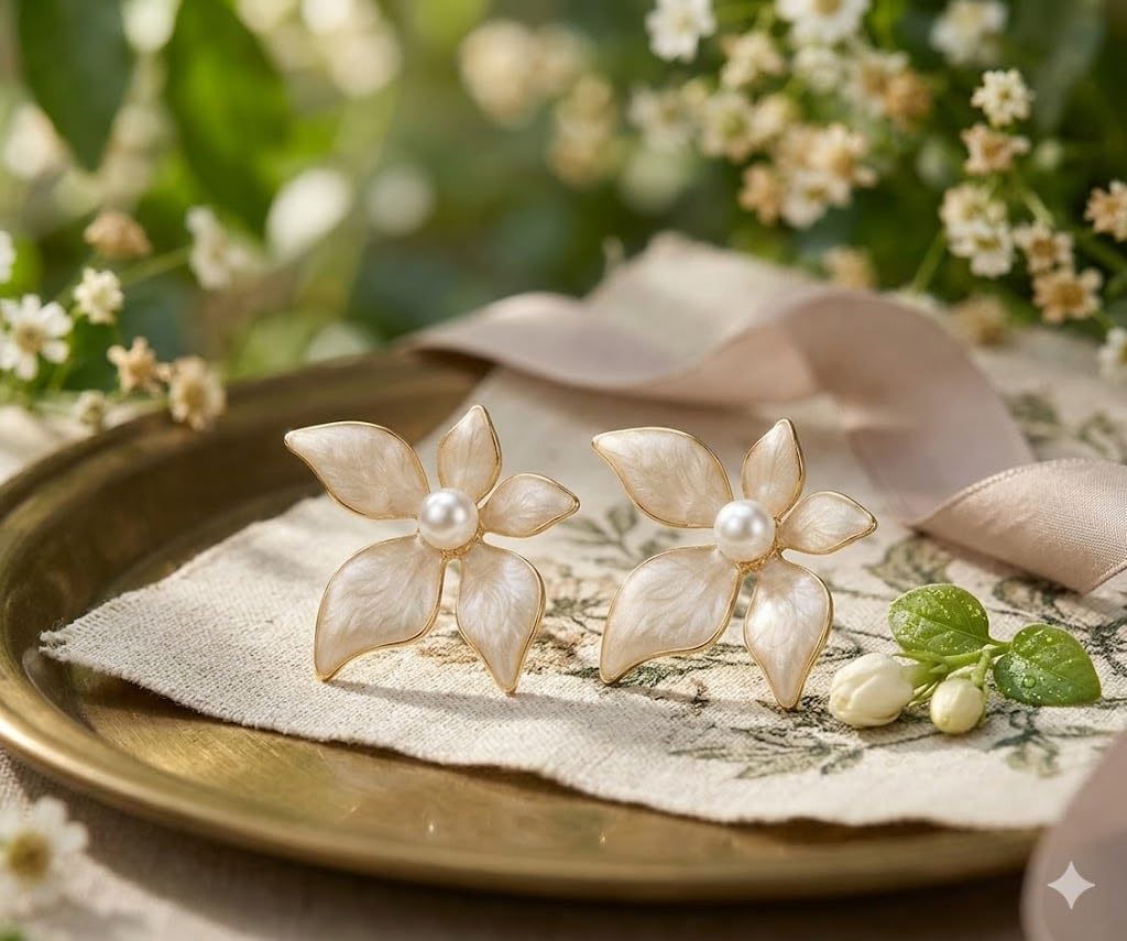 El Regalo 1Pair Stainless Steel Flower Pearl Earrings for Girls & Women | Gold Plated Retro Vintage Floral Enamel Stud Earrings | Anti-Tarnish Hypoallergenic Earrings | Cute & Elegant Studs (White)