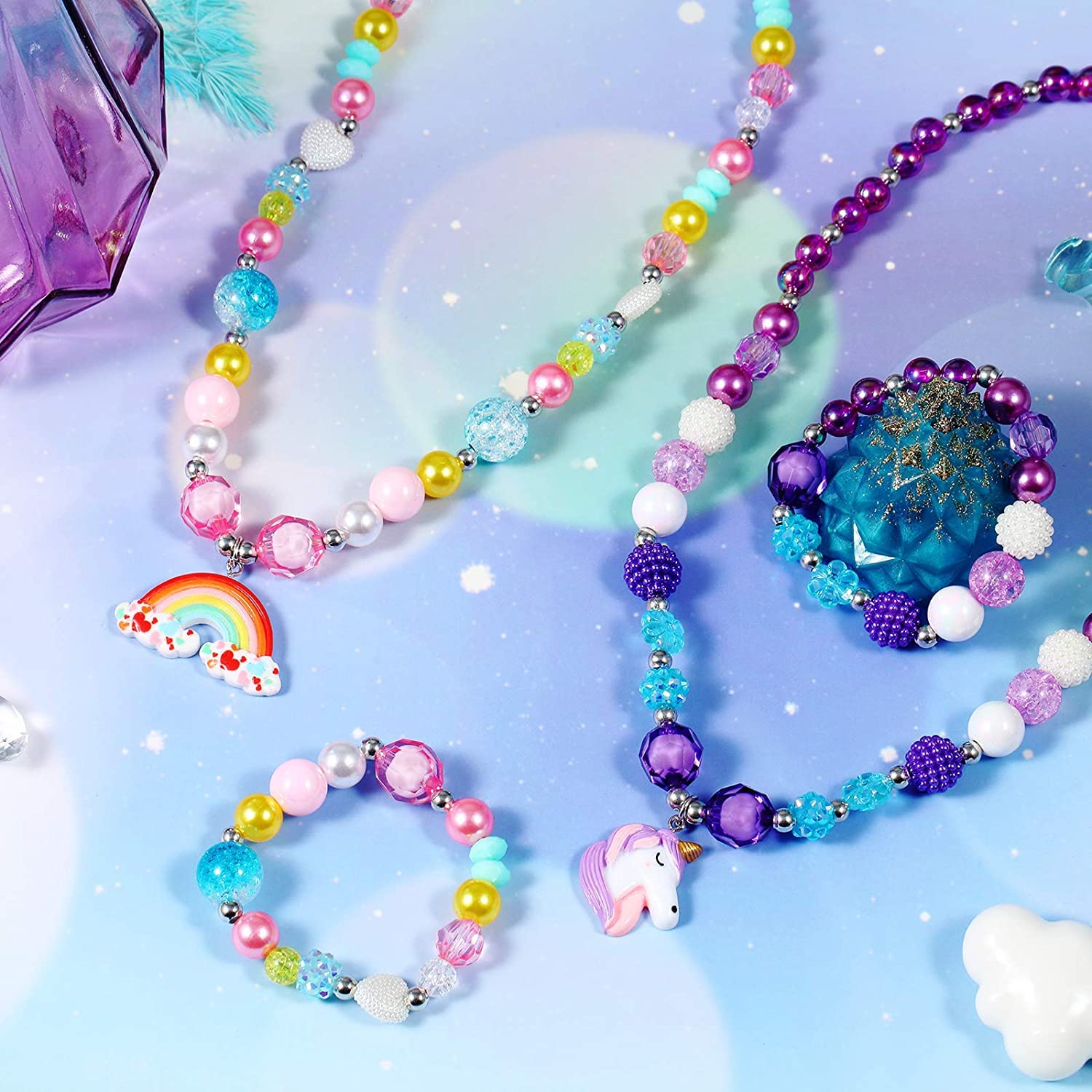 El Regalo 2 PCs Kids Girls Colorful Jewelry Sets - Kids Candy Color Unicorn, Mermaid, Rainbow themes based Necklace & Bracelets Sets for Girls & Toddlers (Rainbow Jewelry Set)