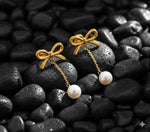 El Regalo Elegant 18K Gold Plated Stainless Steel Drop Earrings for Women & Girls | Tarnish-Free, Waterproof, Hypoallergenic Statement Fancy Western Earring Collection | Variations: Bow, Moon & Star, Starfish, Knot | For Office, Party & Gifting (Pearl Bow