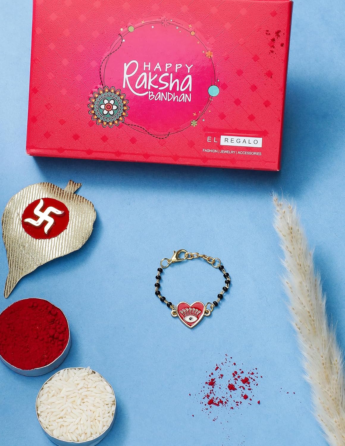 El Regalo Cute Evil Eye Nazaria Bracelet Rakhi for Babies/Kids with Roli Chawal, Rakhi Message card in Rakhi Gift Box- Baby Nazaria Rakhi (Heart Evil Eye Nazaria Rakhi)