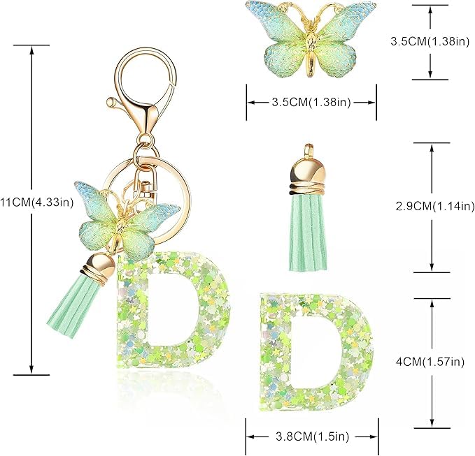El Regalo Personalized Name Initials Butterfly Charm Keychain - Name Letters Keyring with Green Butterfly & Stars Filled Resin & Tassel Pendant, Purse, Bag, Backpack Accessory (Letter D)