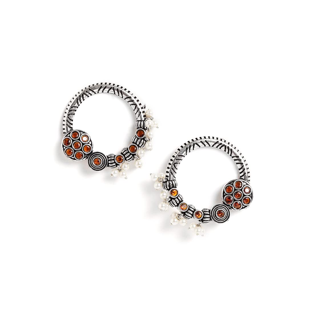 El Regalo Silver Lookalike Brass Oxidized Big Stud Pearls Earrings for Girls & Women- Handcrafted Ethnic Tribal Boho Traditional Earrings in Antique Silver Finish