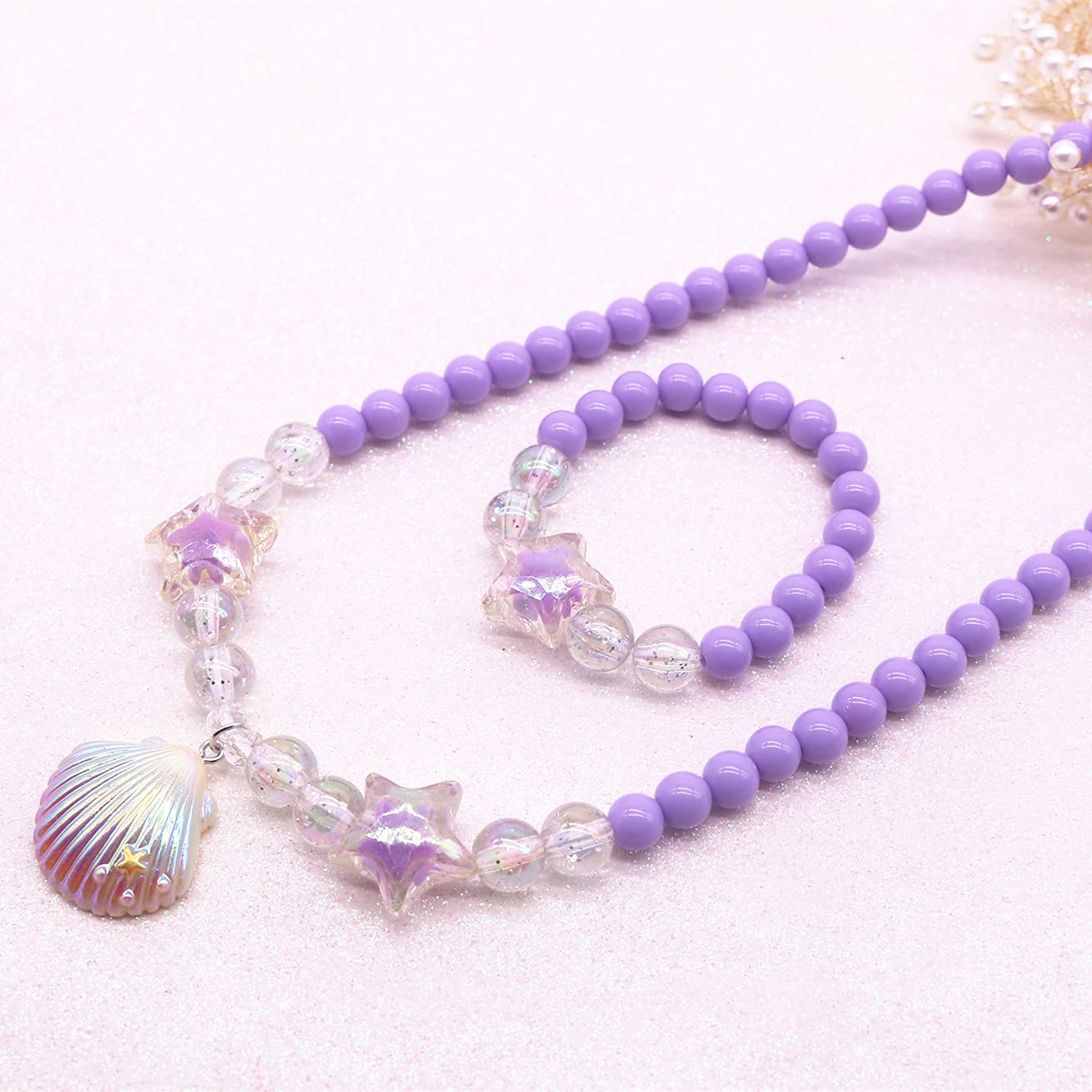 El Regalo Girls Kids Colorful Resin Shell Beads Jewelry Sets | Colorful Princess Star/Mermaid Beaded Necklace & Bracelet Sets, Princess Necklace Bracelet Combo