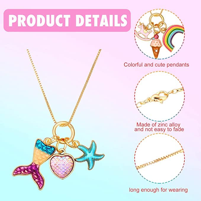 El Regalo 1 PC Kids Enamel Charms Pendant Necklaces For Girls/Teens- Unicorn Rainbow Mermaid Love Heart Starfish Shell Star Pendants Play Necklace Jewelry (Mermaid Star Heart Necklace)