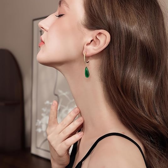 El Regalo Luxury 18K Gold Plated Emerald Green Teardrop Statement Earrings for Women | Sparkling Crystal Studded C-Hoop Dangle Earrings | Elegant Party & Wedding Jewelry Gift for Her