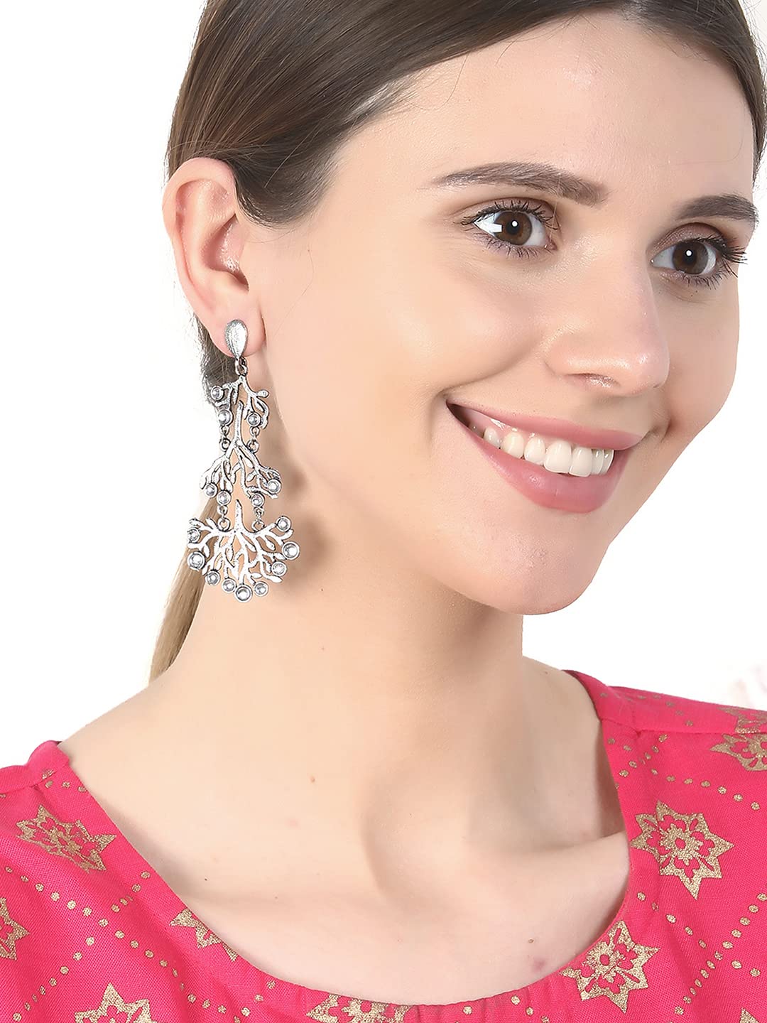El Regalo Long "Tree of Life" Oxidized Silver Plated Stones Earrings - Ethnic Wedding Tassel Earring for Girls & Women