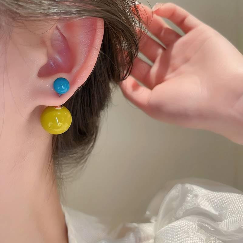 El Regalo 1 Pair Candy Colors 2 Way Beads Earrings- Front-Back Color Clossy Beads Contemporary Earrings for Girls & Women (Musturd Blue)