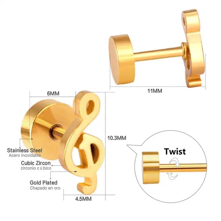 El Regalo Musical Notes Treble Clef Tiny Stud/Music Symbol Earrings for Kids, Girls & women (Golden)