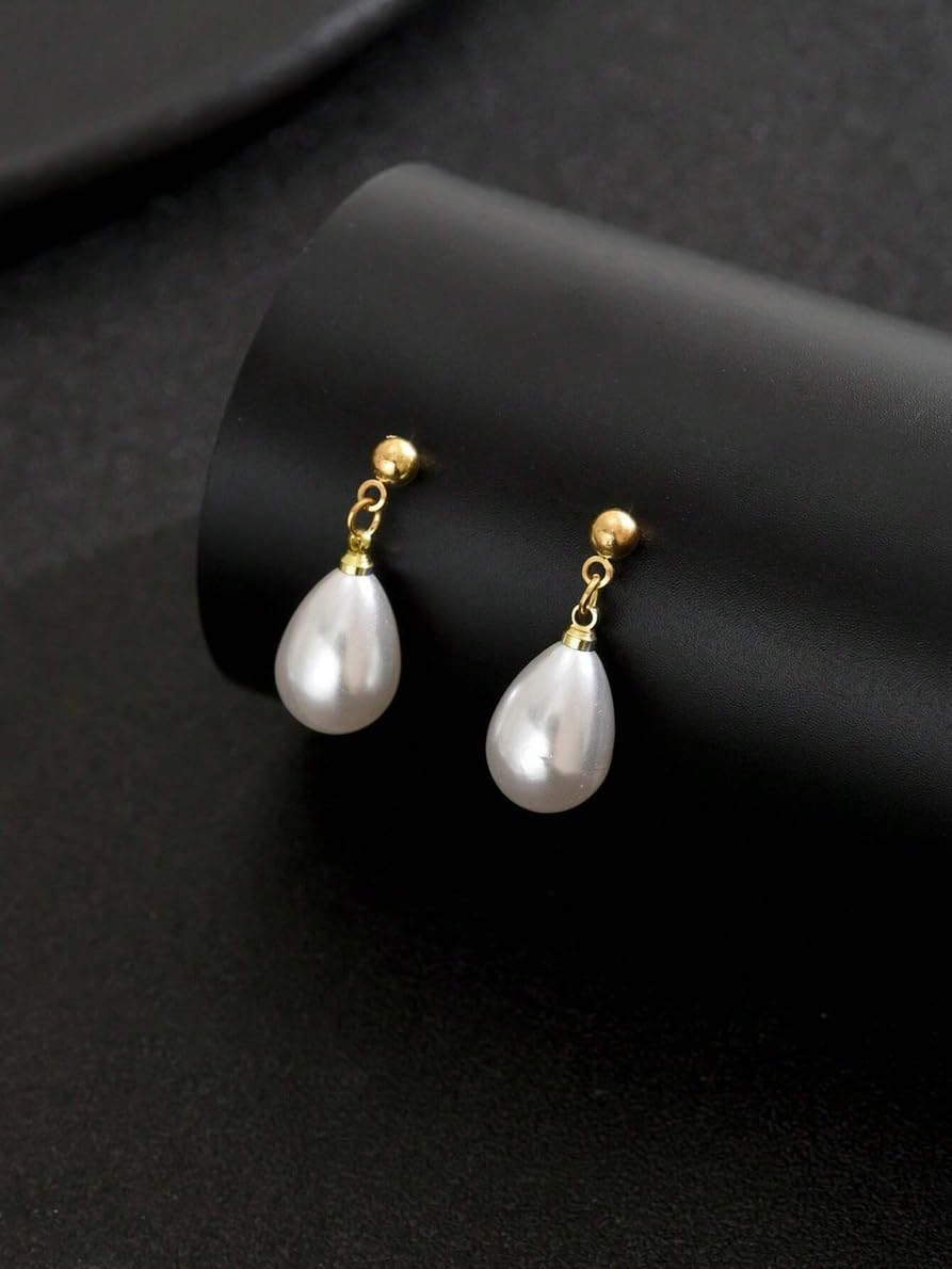 El Regalo Elegant Teardrop Faux Pearl Drop Earrings for Women & Girls - High-Luster Synthetic Pearl Jewelry in 18K Gold & Silver Finish | Cute & Fancy Pearls Earrings (Gold)