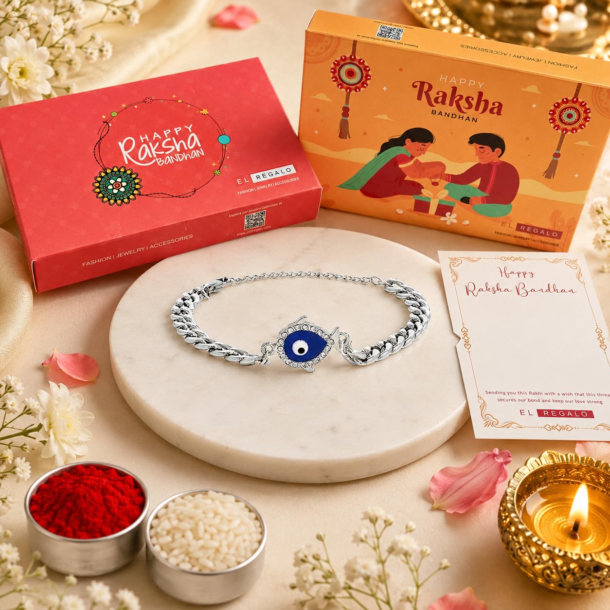 El Regalo Unisex-Adult 1Pc Cz Evil Eye Stainless Steel Rakhi For Brother - Anti Tarnish/No Rust/Waterproof Evil Eye Designer Rakhi With Roli Chawal, Rakhi Message Card In Rakhi Gift Box (Option-1)