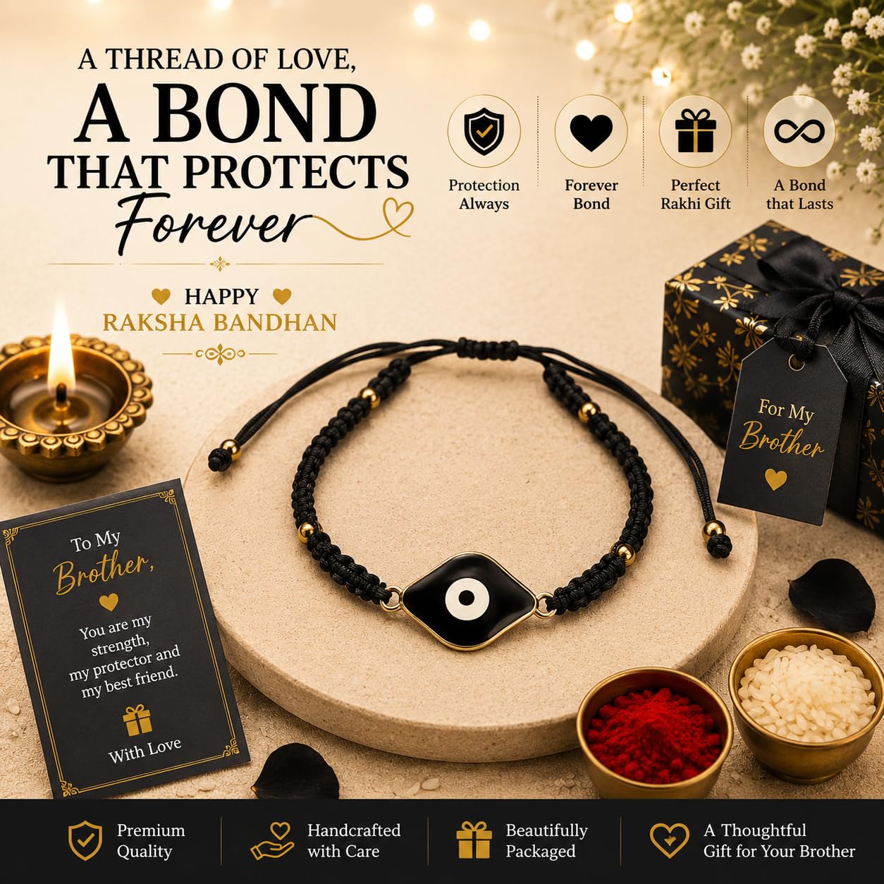 El Regalo Evil Eye Bracelet Rakhi for Brother with Roli Chawal in Gift Box (Black)