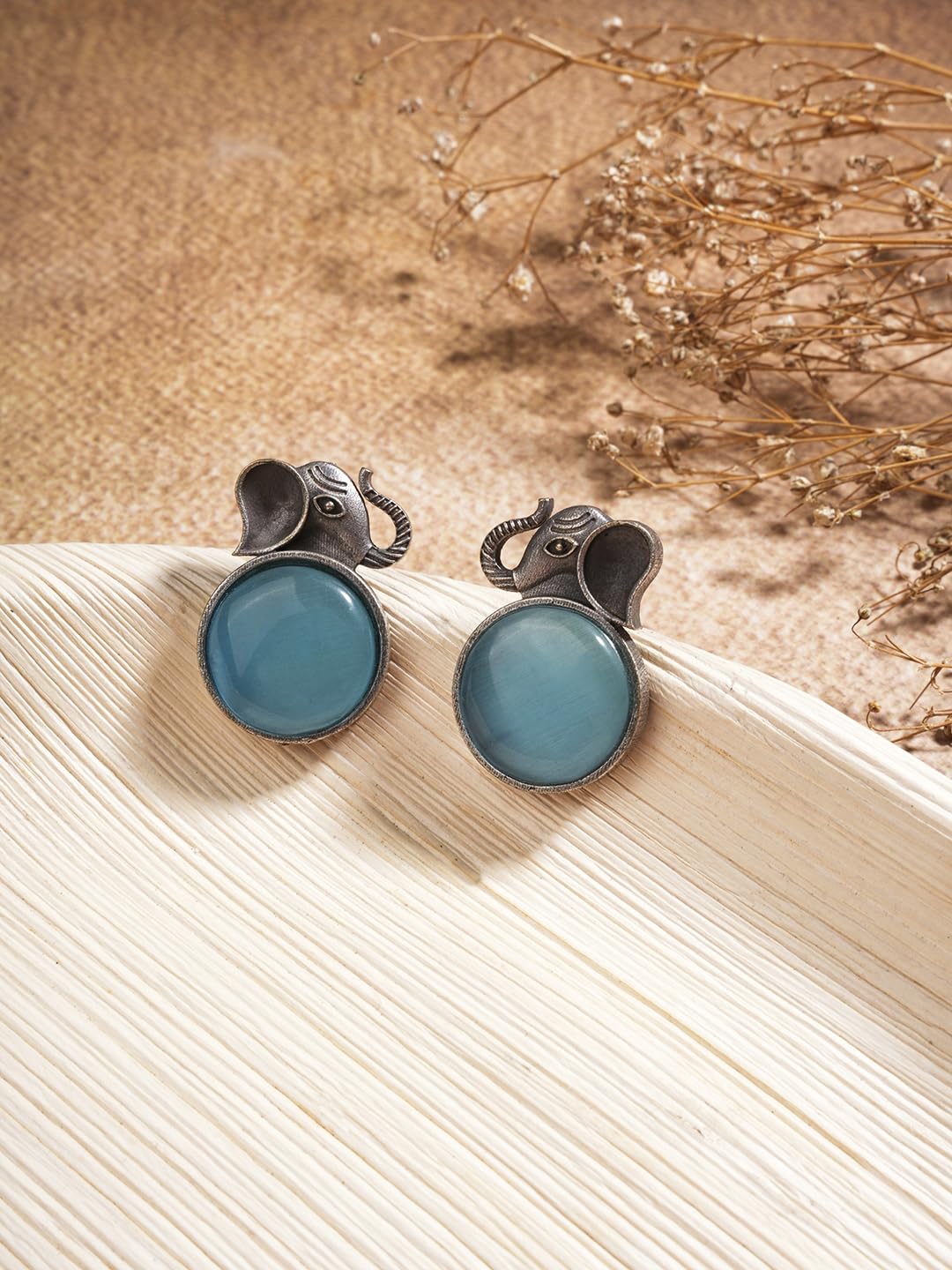 El Regalo 1Pair Oxidized German Silver Ganesha Elephant Stone Stud Earrings- Handcrafted Unique Earrings with Color Stone Options (Light Blue)