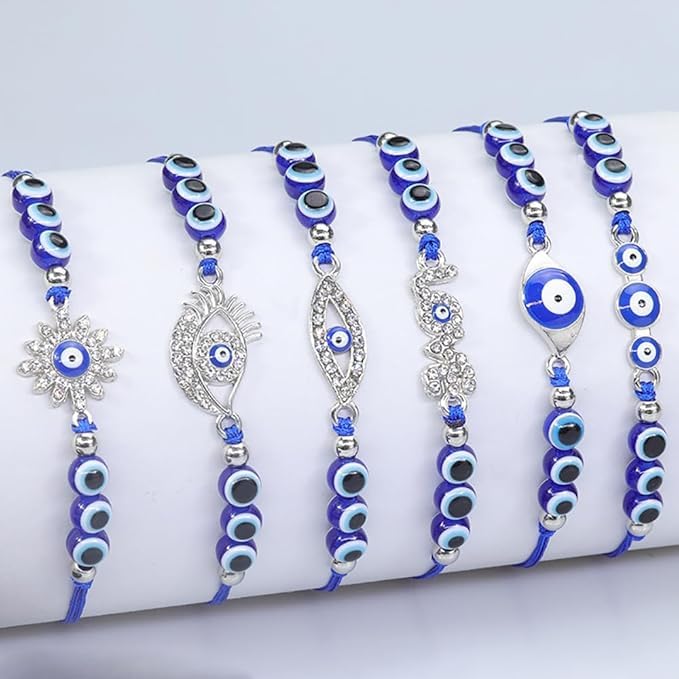 El Regalo 6PCs Cute CZ Evil Eyes Braided Bracelet Set for Women, Men, Girls, boys - Crystal Love Blue Evil Eyes Braclets