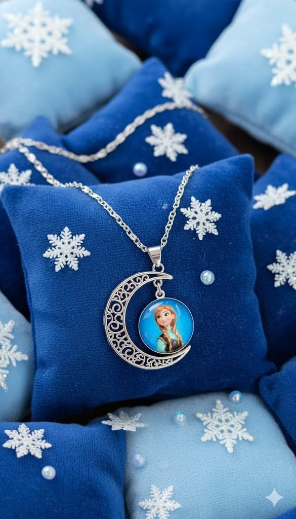 El Regalo Princess Crescent Moon Pendant Necklace for Girls- Enchanted Fairytale Character Jewelry with Filigree Detail, Silver-Tone Chain, Perfect Birthday Return Gift or Party for Toddlers and Kids (Style-3)