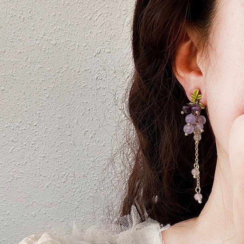 El Regalo Purple Grape Bunches Crystal Bead Drop Earrings for Girls & Women- Handmade Acrylic Fruit Dangle Drop Fashion Earrings (Grapes Tassel)