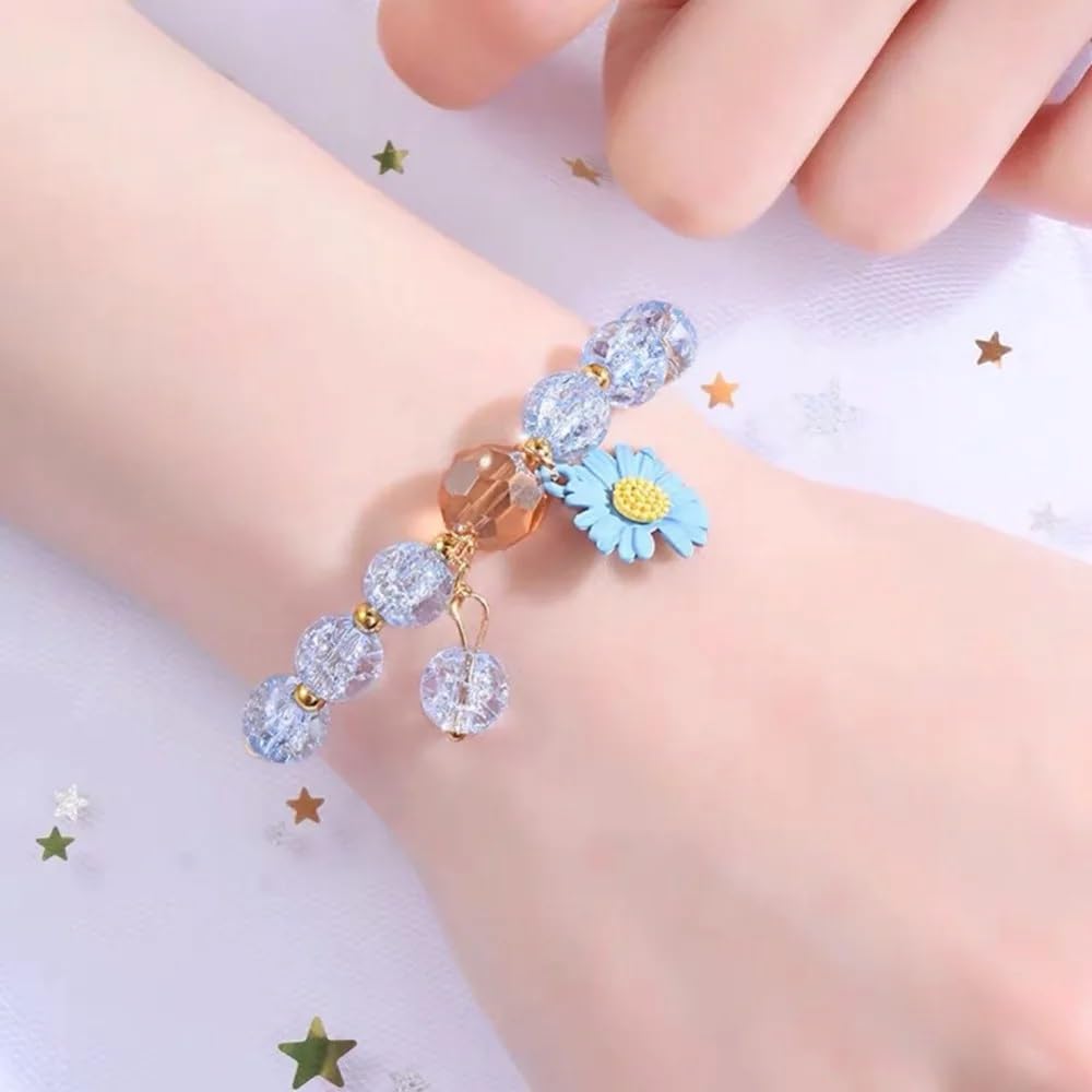 El Regalo 1PC Daisy Flower/Sunflower Crackle Beads Stretch Bracelet for Girls & Women- Fancy Floral Bracelets (Blue)