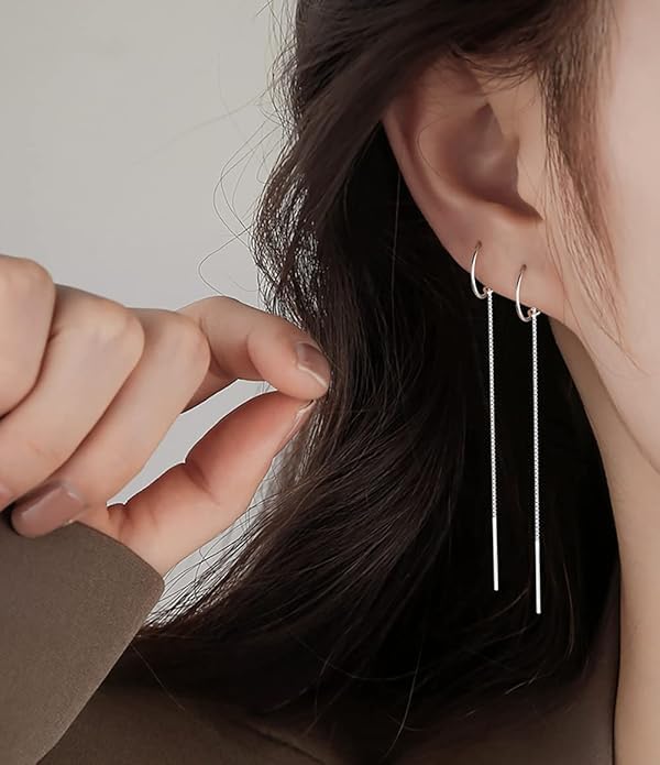 El Regalo Women's & Girl's Minimalist Threader Earrings- Unique & Elegant Sui Dhaga Threader Earrings (Silver)