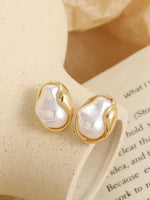 El Regalo Womens Classic Baroque Faux Pearl Stud Earrings - Elegant French Vintage Style, Irregular Geometric Abstract Golden Pearl