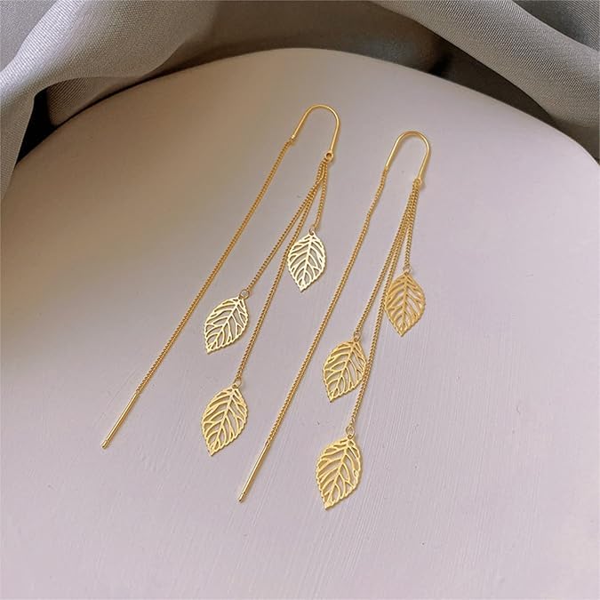 El Regalo 925 Silver Plated Flower Threader Earrings- Needle Threader Long Tassel Earrings for Girls & Women (Leaves Threader)