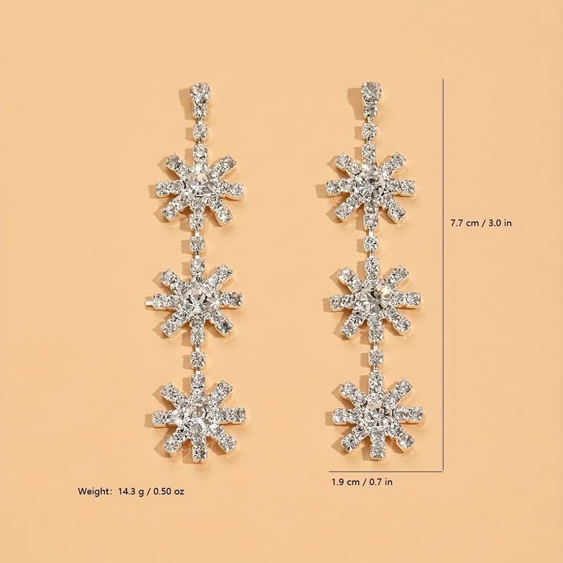 El Regalo Elegant Snowflake Crystal Dangle Earrings for Women & Girls | Long Sparkling Rhinestone Drop Earrings | Winter Christmas Party Jewellery | Festive Fashion Earrings Gift for Her