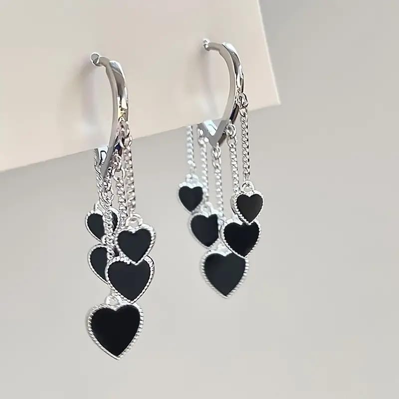 El Regalo Love Hearts Tassel Hoop Earrings for Women/Girls- Heart Huggie Hoop Chains Earrings (Silver)