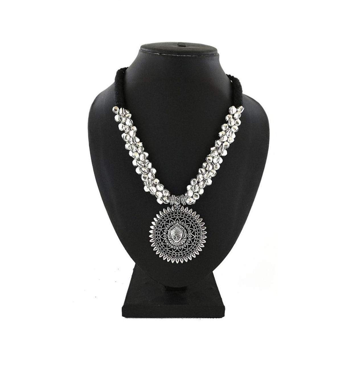 El Regalo Oxidized/German Silver Durga Ma Pendant Thread Necklace with Ghungru | Temple Jewelry/Navratra Pooja Jewelry? Garbha Jewelry (Black)