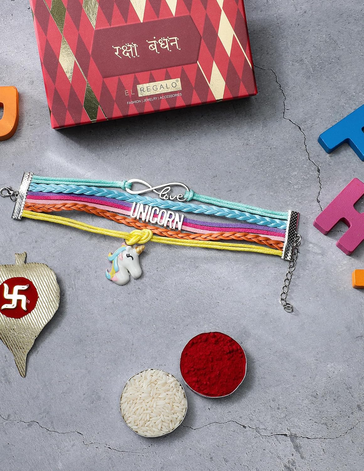 El Regalo Multi-layered Unicorn Infinity Love Charm Rakhi for Brother/Sister/Niece/Nephew with Roli Chawal in Rakhi Gift Box (Multi Unicorn)