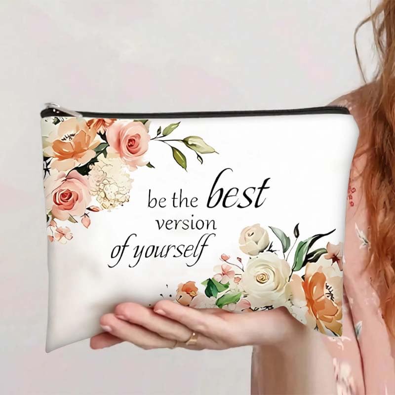 El Regalo 1 PC Canvas Cosmetic Bags Makeup Bags Travel Toiletry Pouch/ 10 x 7.5 inch Inspirational Gifts for Women Motivational Quotes Makeup Bag for Women Girls (Be The Best Version of Yourself)