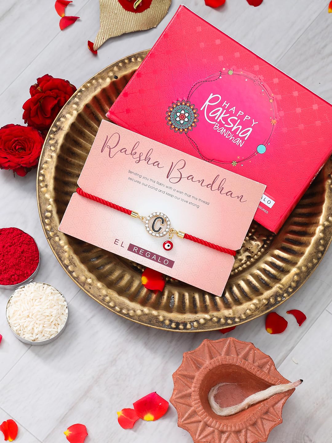 El Regalo Name Initials Evil Eye Bracelet Rakhi for Brother- Name Letter CZ Rakhi with Roli Chawal, Message Card in Rakshabandhan Box for Bhai (Red- C)