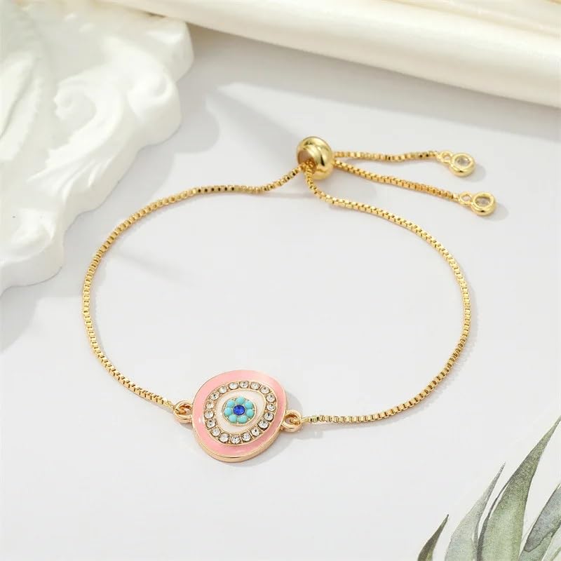 El Regalo 1PC Evil Eye Adjustable Bracelet for Girls & Women- Zircon Evil Eye Chain Bracelet- Valentines Day Gift for Her (Pink Evil Eye)