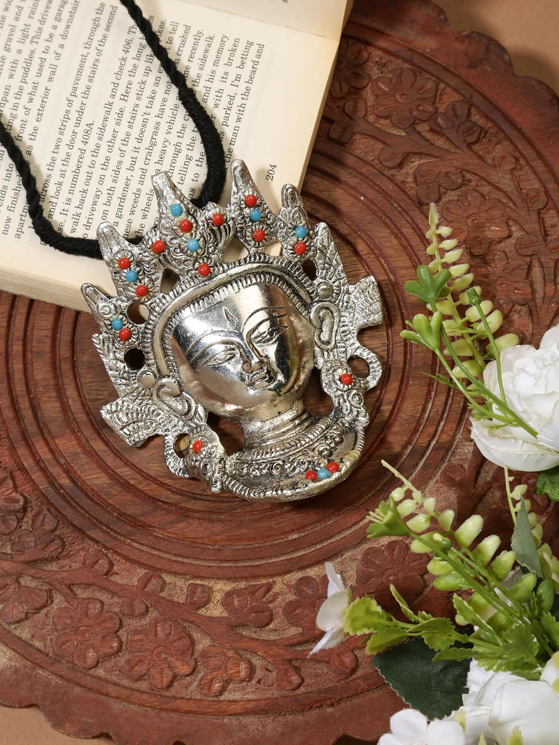 El Regalo Women & Girls Big & Bold Ma Durga Face Pendant Necklace- Handmade Goddess Durga Thread Boho Tribal Neckpiece for Navratri Celebrations (Black)