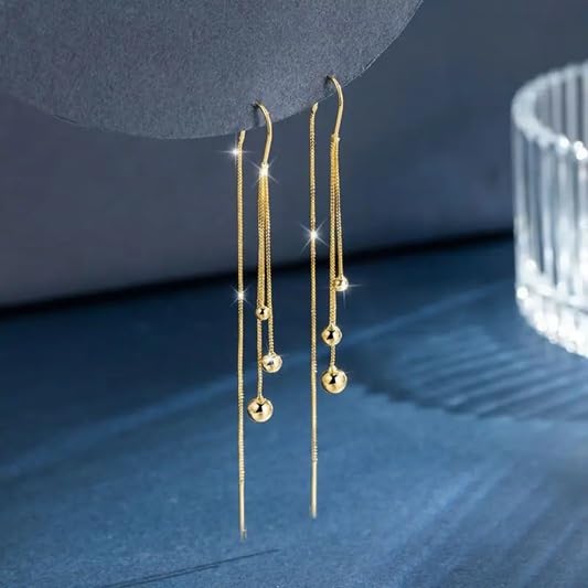 El Regalo Modern Sui Dhaga Threader Earrings for Women - Minimalist Long Pull Through Chain Earrings - Light Dangle Needle Threaders for Multiple Piercings, Sensitive Ears (Triple Bead Drip)