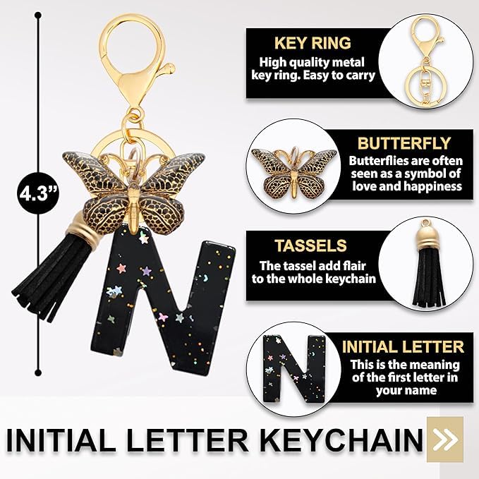 El Regalo Personalized Name Initials Butterfly Charm Keychain - Name Letter Keyring with Black & Golden Tassel & Butterfly Pendant, Purse, Bag, Backpack Accessory (N Letter)
