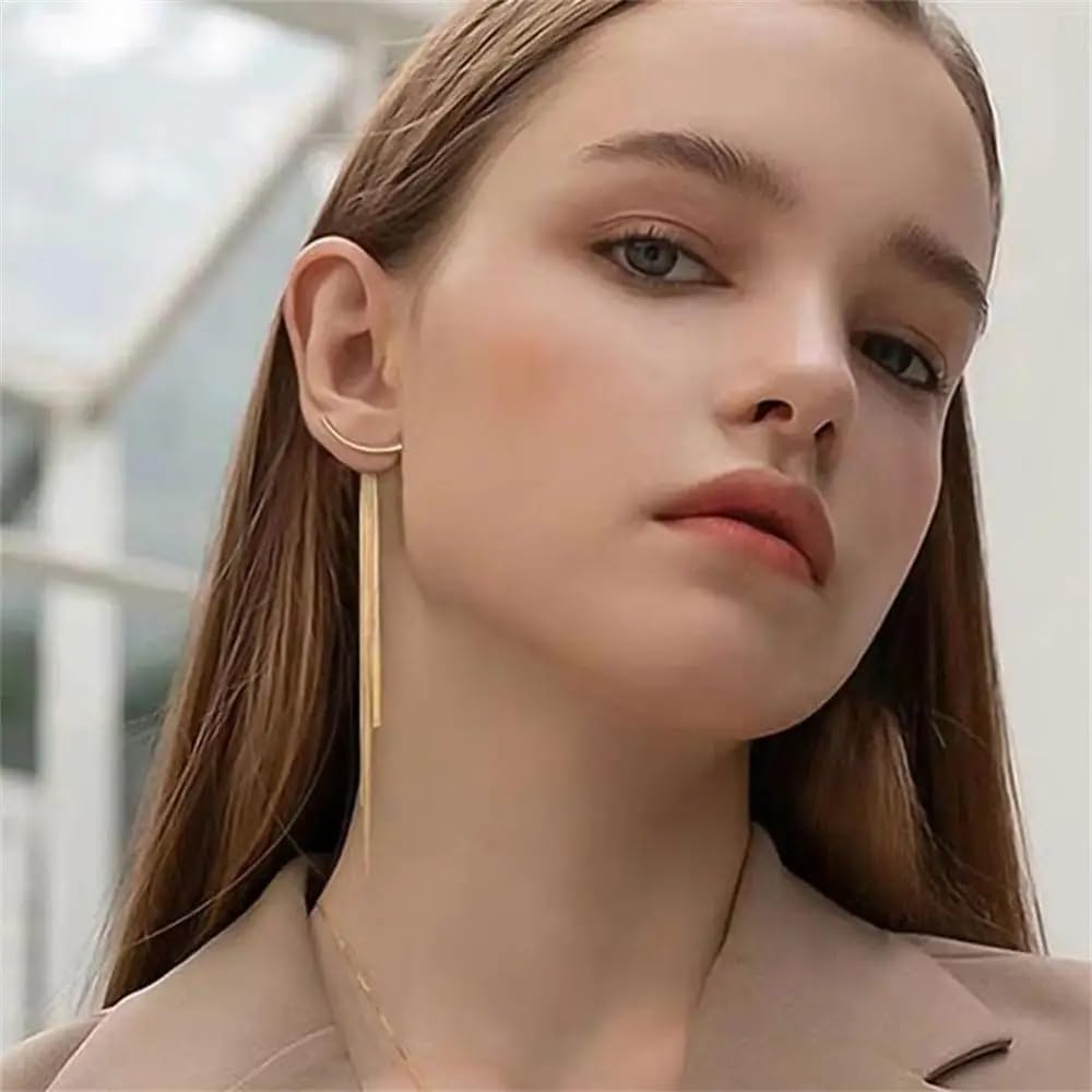 El Regalo Womens Stainless Steel Gold Long Tassel Dangle Drop Front Back Earrings- Hypoallergenic Fringe Drop Sleek Metal Chain Wedding Bridesmaid Earrings